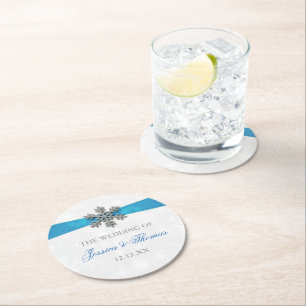 Diamante Snowflake & Blue Ribbon Winter Wedding Round Paper Coaster