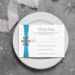 Diamante Snowflake & Blue Ribbon Winter Wedding RSVP Card<br><div class="desc">The diamante snowflake & blue ribbon wedding collection is perfect for any couple planning a romantic winter wedding celebration. The design features a light silvery grey and white snowflake textured background with a diamante snowflake on top of a silky looking ribbon. The wording incorporates the same silvery grey and blue...</div>