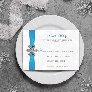 Diamante Snowflake & Blue Ribbon Winter Wedding RSVP Card