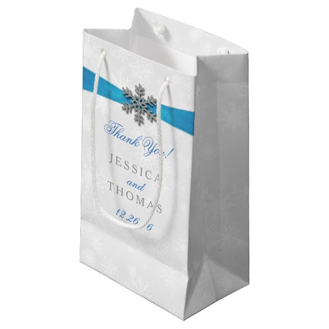 Diamante Snowflake & Blue Ribbon Winter Wedding Small Gift Bag (Front Angled)