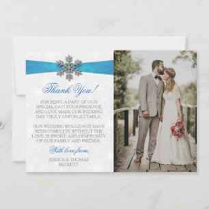 Diamante Snowflake & Blue Ribbon Winter Wedding Thank You Card