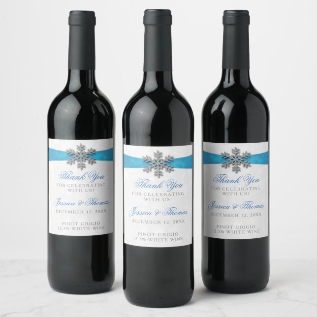 Diamante Snowflake & Blue Ribbon Winter Wedding Wine Label (Bottles)