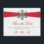 Diamante Snowflake & Red Ribbon Winter Wedding Announcement Postcard<br><div class="desc">The diamante snowflake & red ribbon wedding collection is perfect for any couple planning a romantic winter wedding celebration. The design features a light silvery grey and white snowflake textured background with a diamante snowflake on top of a silky looking ribbon. The wording incorporates the same silvery grey and red...</div>