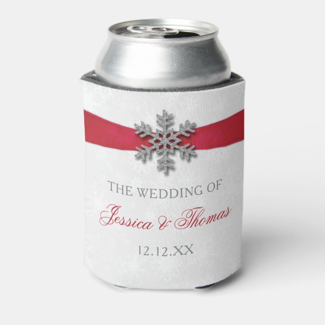 Diamante Snowflake & Red Ribbon Winter Wedding Can Cooler (Can Back)