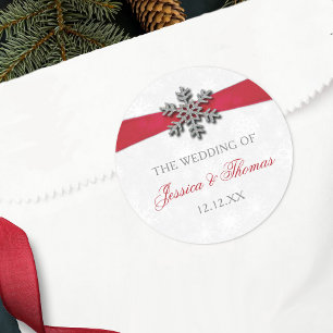 Diamante Snowflake & Red Ribbon Winter Wedding Classic Round Sticker