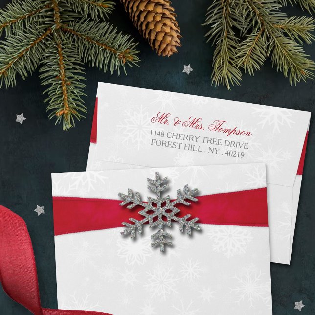 Diamante Snowflake & Red Ribbon Winter Wedding Envelope (Creator Uploaded)