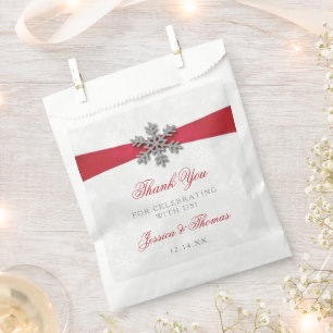 Diamante Snowflake & Red Ribbon Winter Wedding Favour Bags
