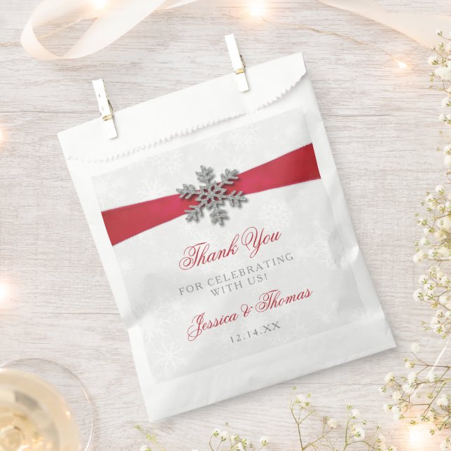 Diamante Snowflake & Red Ribbon Winter Wedding Favour Bags (Clipped)