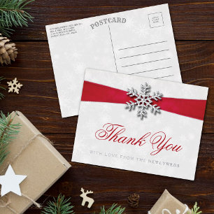 Diamante Snowflake & Red Ribbon Winter Wedding Foil Invitation Postcard