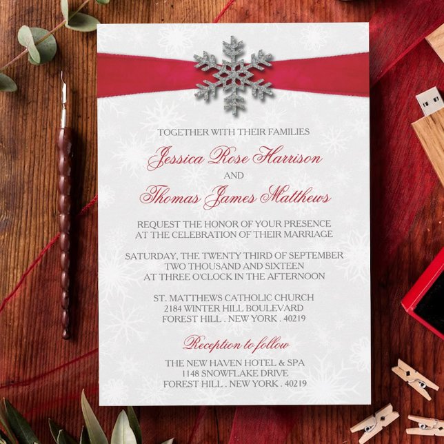 Diamante Snowflake & Red Ribbon Winter Wedding Invitation (Creator Uploaded)