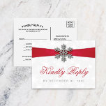 Diamante Snowflake & Red Ribbon Winter Wedding Invitation Postcard<br><div class="desc">The diamante snowflake & red ribbon wedding collection is perfect for any couple planning a romantic winter wedding celebration. The design features a light silvery grey and white snowflake textured background with a diamante snowflake on top of a silky looking ribbon. The wording incorporates the same silvery grey and red...</div>