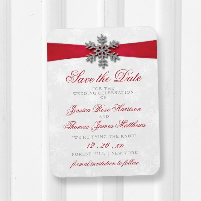 Diamante Snowflake & Red Ribbon Winter Wedding Magnet (Creator Uploaded)