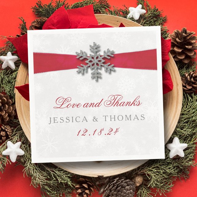 Diamante Snowflake & Red Ribbon Winter Wedding Napkin (Creator Uploaded)