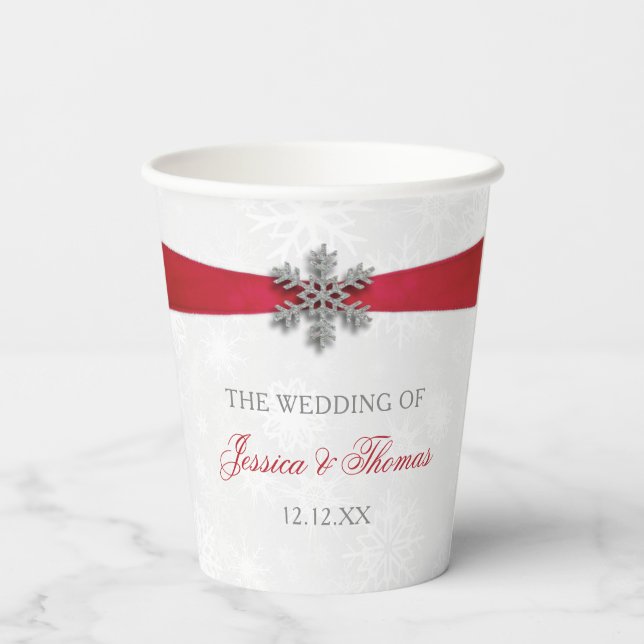 Diamante Snowflake & Red Ribbon Winter Wedding Paper Cups (Back)