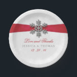Diamante Snowflake & Red Ribbon Winter Wedding Paper Plate<br><div class="desc">The diamante snowflake & red ribbon wedding collection is perfect for any couple planning a romantic winter wedding celebration. The design features a light silvery grey and white snowflake textured background with a diamante snowflake on top of a silky looking ribbon. The wording incorporates the same silvery grey and red...</div>