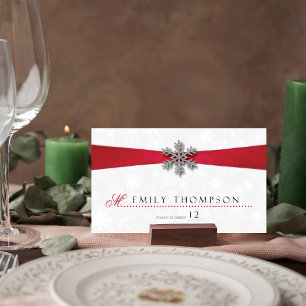 Diamante Snowflake & Red Ribbon Winter Wedding Place Card