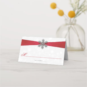 Diamante Snowflake & Red Ribbon Winter Wedding Place Card