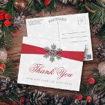 Diamante Snowflake & Red Ribbon Winter Wedding Postcard<br><div class="desc">The diamante snowflake & red ribbon wedding collection is perfect for any couple planning a romantic winter wedding celebration. The design features a light silvery grey and white snowflake textured background with a diamante snowflake on top of a silky looking ribbon. The wording incorporates the same silvery grey and red...</div>