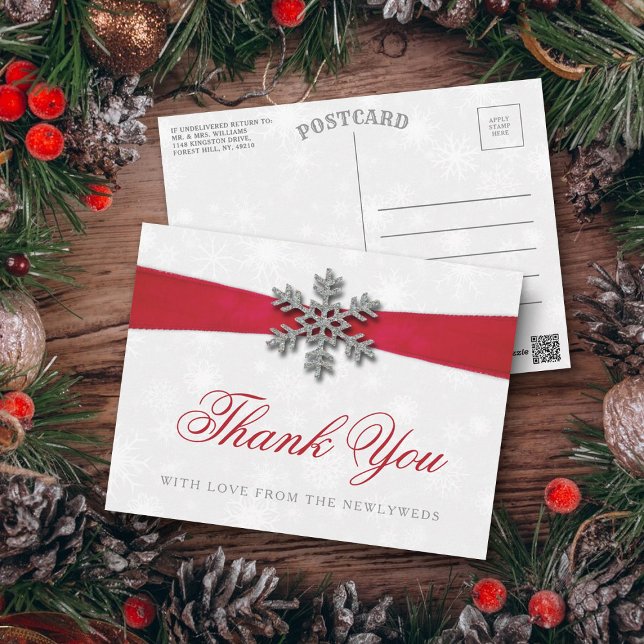 Diamante Snowflake & Red Ribbon Winter Wedding Postcard (Creator Uploaded)