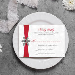 Diamante Snowflake & Red Ribbon Winter Wedding RSVP Card<br><div class="desc">The diamante snowflake & red ribbon wedding collection is perfect for any couple planning a romantic winter wedding celebration. The design features a light silvery grey and white snowflake textured background with a diamante snowflake on top of a silky looking ribbon. The wording incorporates the same silvery grey and red...</div>