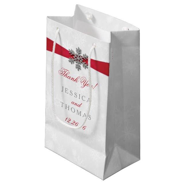 Diamante Snowflake & Red Ribbon Winter Wedding Small Gift Bag (Front Angled)