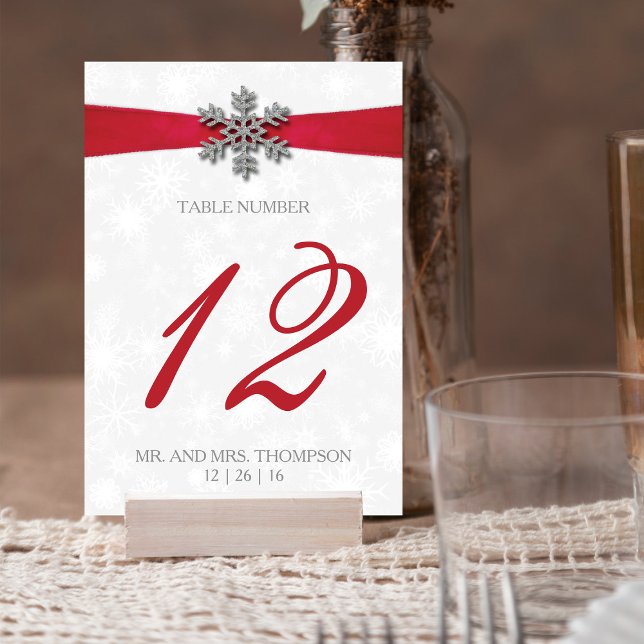 Diamante Snowflake & Red Ribbon Winter Wedding Table Number (Creator Uploaded)