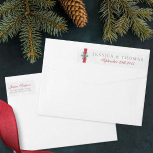 Diamante Snowflake & Red Ribbon Winter Wedding Wrap Around Label