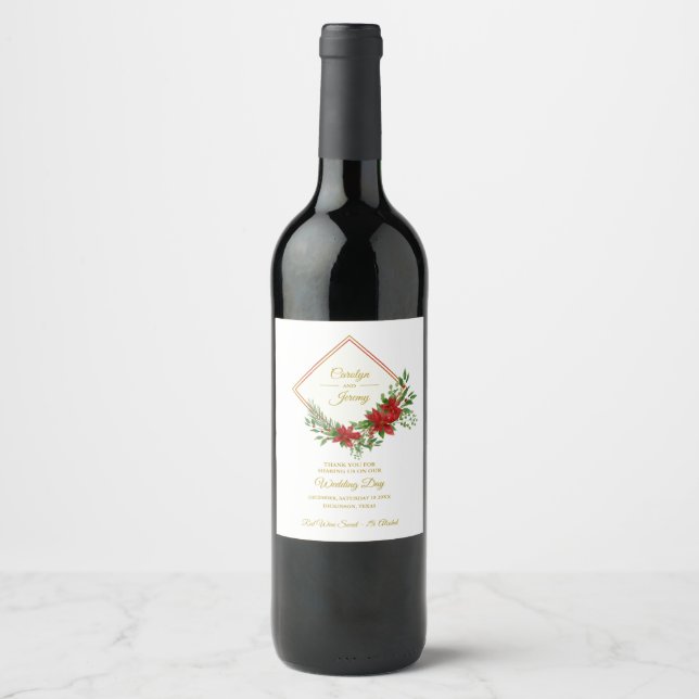 Diamod & Poinsettias Christmas Inspired Wedding Wine Label (Front)