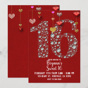 Diamond 16 Valentine's Hearts Birthday Party Invitation
