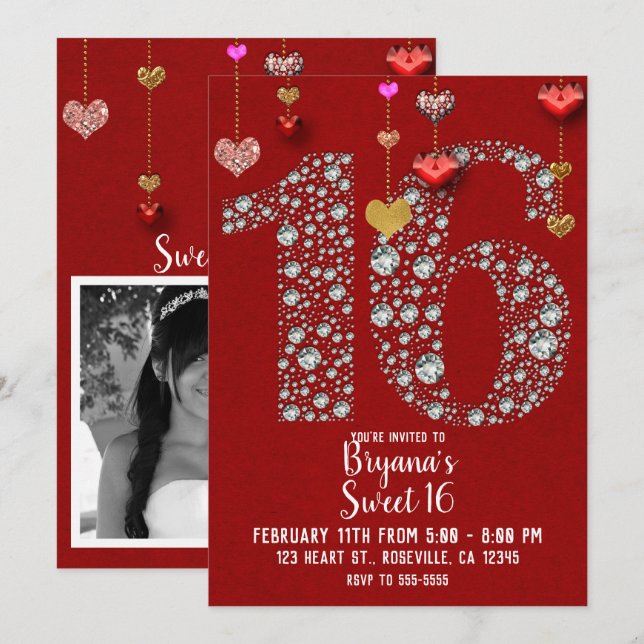 Diamond 16 Valentine's Hearts Birthday Party Photo Invitation (Front/Back)
