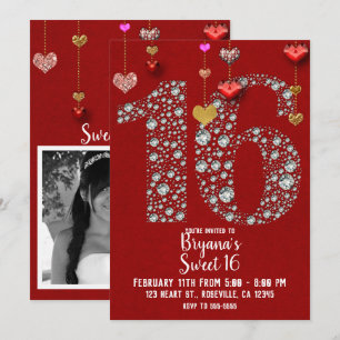 Diamond 16 Valentine's Hearts Birthday Party Photo Invitation