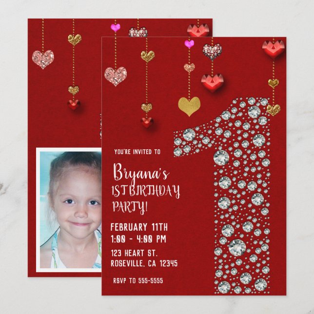 Diamond 1 1ST Valentine's Hearts Birthday Party Invitation (Front/Back)
