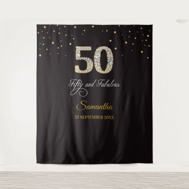 Diamond 50th Birthday Party Tapestry Backdrop Gold (Front)