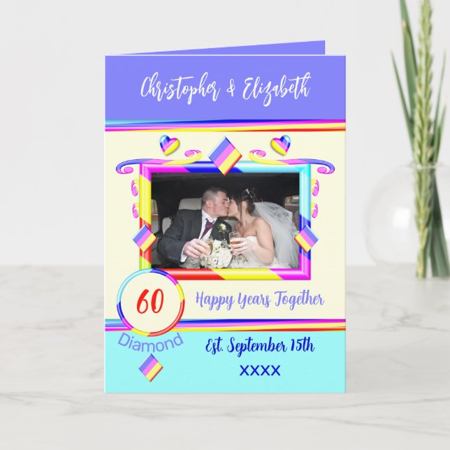 Diamond 60th anniversary add photo names purple card (Front)