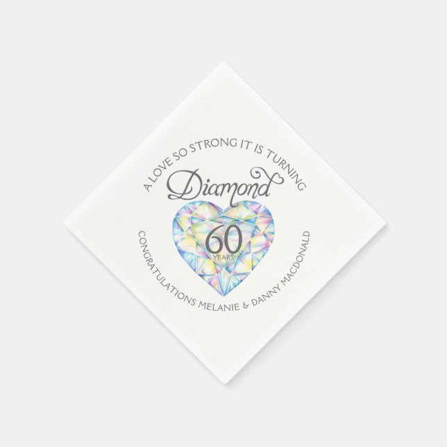 Diamond 60th Anniversary heart art name napkins (Corner)