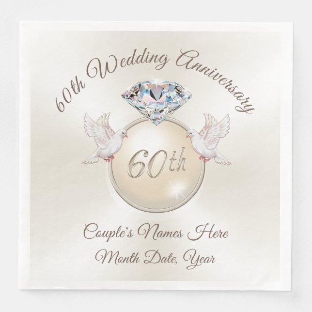 Diamond 60th Anniversary Napkins, Personalised Napkin (Front)