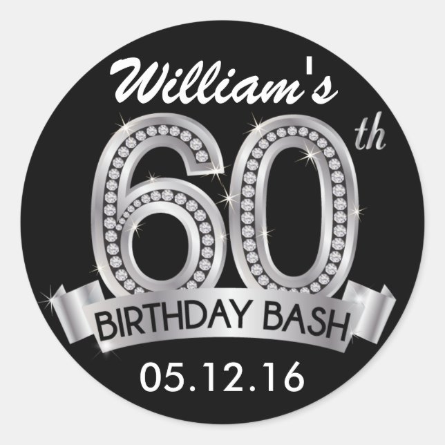 Diamond 60th Birthday Stickers | Black and Silver (Front)