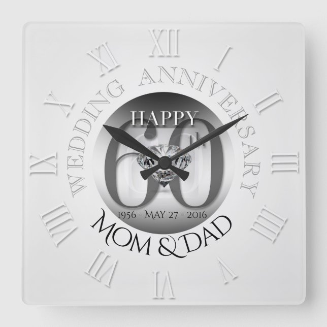 Diamond 60th Wedding Anniversary Clock Roman N (Front)