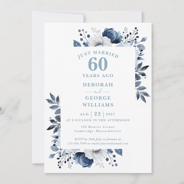 Diamond 60th Wedding Anniversary Monogram Floral  Invitation (Front)