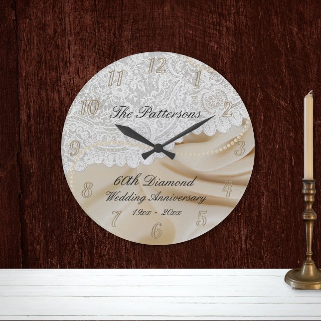 Diamond 60th Wedding Anniversary Satin Lace Large  Clock (Creator Uploaded)