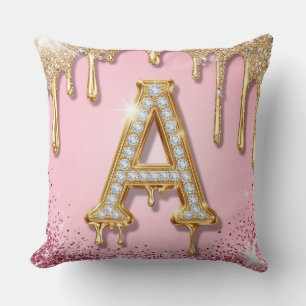 Diamond A Pink Glitter Gold Frame Monogram Cushion