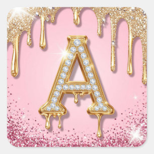 Diamond A Pink Glitter Gold Frame Monogram Square Sticker