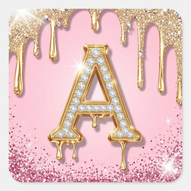 Diamond A Pink Glitter Gold Frame Monogram Square Sticker (Front)