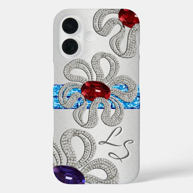 Diamond and Gem Encrusted Flowers (Monogrammed) Case-Mate iPhone Case (Back)