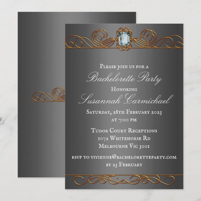 Diamond and Gold Dark Silver Bachelorette  Invitation (Front/Back)