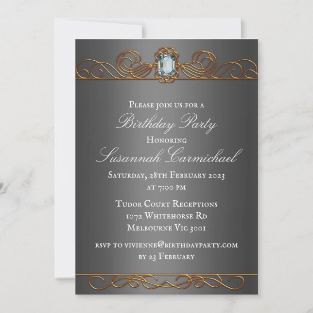 Diamond and Gold Dark Silver Birthday  Invitation (Front)