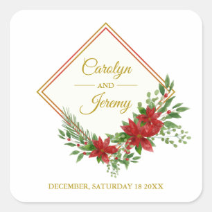 Diamond and Poinsettias in Gold and Red Christmas Square Sticker