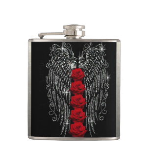Diamond Angel Wings & Red Roses Hip Flask