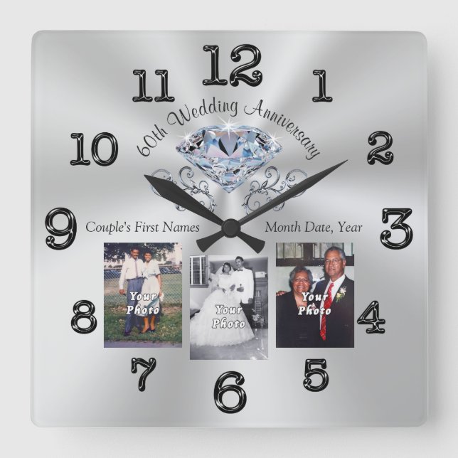 Diamond Anniversary Gift Ideas Your Photos, Text Square Wall Clock (Front)