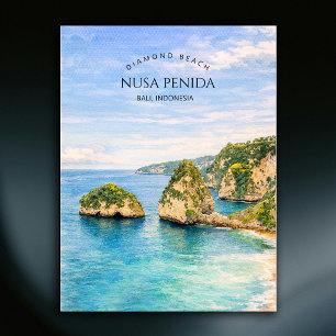 Diamond Beach Bali Watercolor Turquoise Sea Holiday Postcard